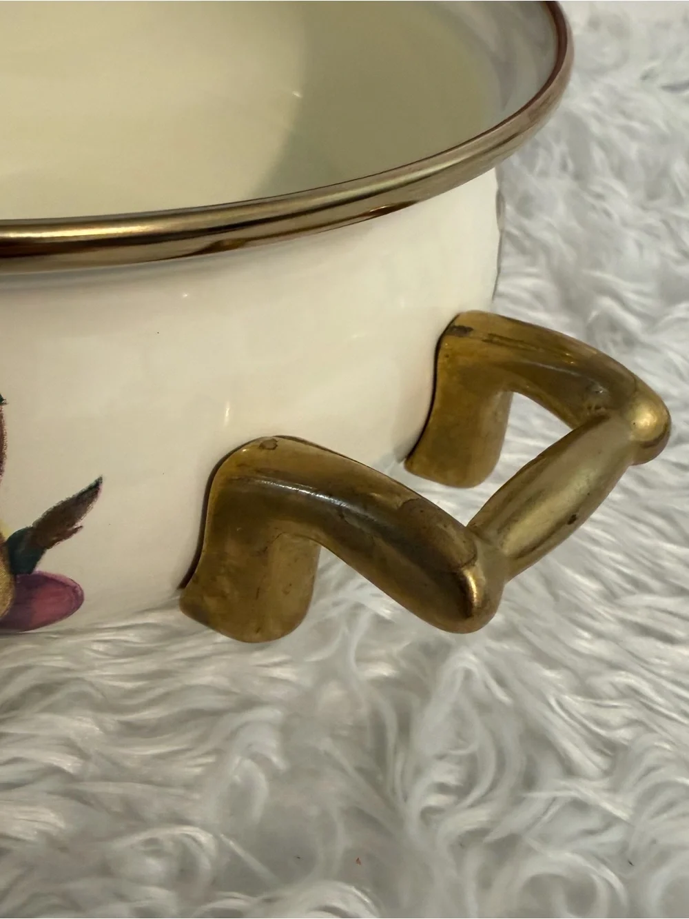Vintage CORNUCOPIA Enamel Pot w/ Lid Fruit Pattern Brass Hardware